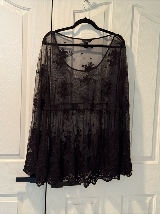 torrid Tops - Torrid Plus Size Black Sheer Mesh Embroidered Babydoll Top with Bell Sleeves